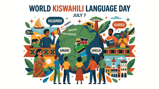 World Kiswahili Language Day banner featuring diverse African people and cultural icons in vector style