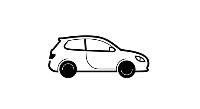 Generic hatchback car icon, simple outline drawing of a compact two-door vehicle in black and white, side view illustration.