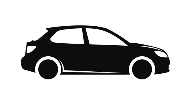 Black Hatchback Car Silhouette Icon, Modern Automobile Vehicle Side View Graphic Design Element
