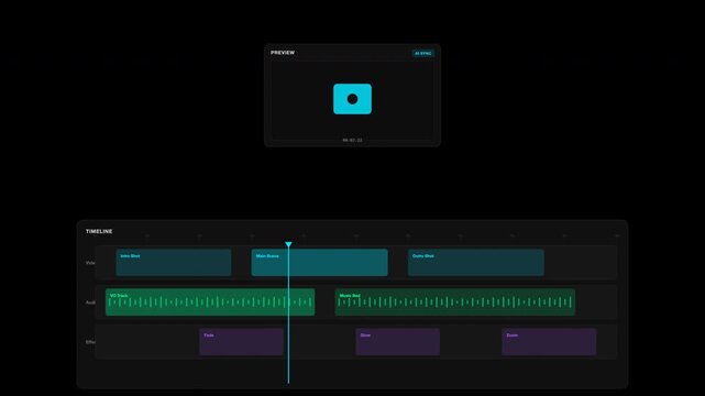 Video editing interface with blue square preview window and multitrack timeline in dark theme suitable for software promotional materials.