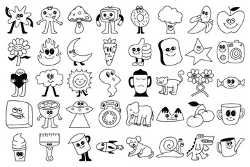 Obraz premium Doodle cartoon character bundle with cute everyday objects and creatures