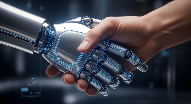 Human hand shaking a shiny metallic robot hand featuring glowing blue circuit patterns