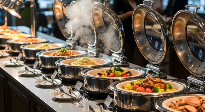 Steaming hot dishes are served in chafing dishes at a luxurious hotel buffet breakfast or dinner
