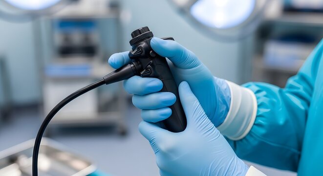 Surgeons gloved hands meticulously operate a medical endoscope during a critical procedure in a sterile operating room