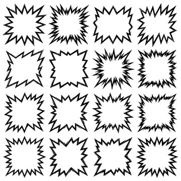 Set of Twelve Dynamic Comic Book Zig-Zag Frames Featuring Action-Packed Explosion Shapes, Speech Bubble Borders, and Grunge Style Decorative Elements for Superhero Graphic Storytelling Layouts
