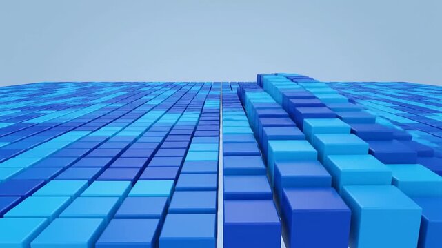 Abstract blue cubes rising from flat surface to sky