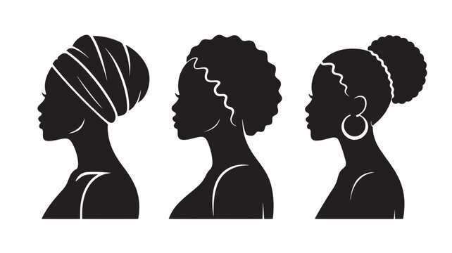 African American Women Silhouettes Set with Diverse Hairstyles and Cultural Profiles