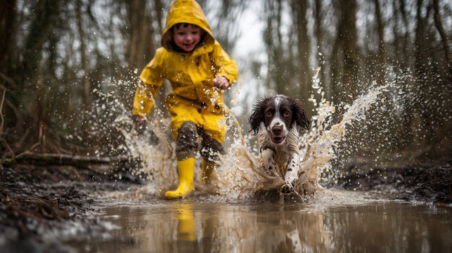 Ai Child in yellow raincoat plays in muddy puddle with dog during rainy day in forest