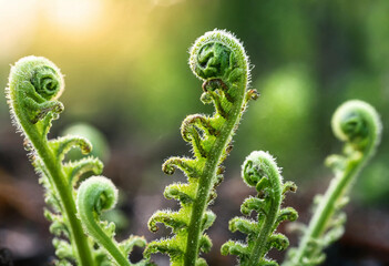 Close up of young green fern fronds unfurling in the spring forest with soft natural sunlight and a blurred background, of woodland foliage © Himel2003