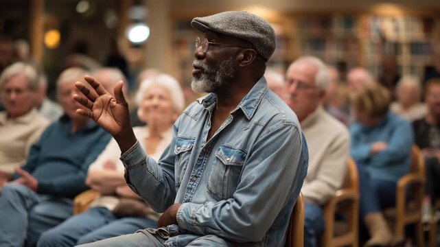 Community event features author giving a reading to an audience in a library on a Tuesday evening in October