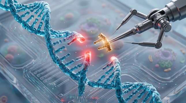 Robotic arm performing gene editing on DNA strand using CRISPR technology for genetic engineering and medical research in laboratory