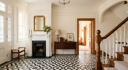 Obraz premium An elegant entryway with a patterned tile floor, a fireplace, a wooden staircase, and a doorway leading to a sunlit room.