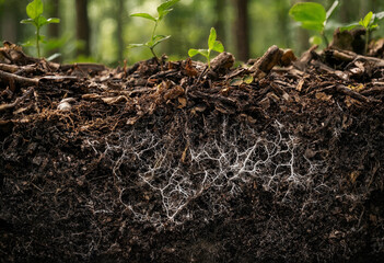 Cross section of forest floor soil with small green seedlings growing above a complex white network of fungal mycelium and plant root systems © Himel2003
