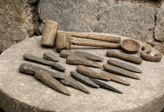 Collection of prehistoric stone tools, chisels, and a wooden mallet arranged on a large circular stone slab in a rustic archaeological site