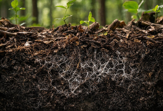 Cross section of forest floor soil with small green seedlings growing above a complex white network of fungal mycelium and plant root systems