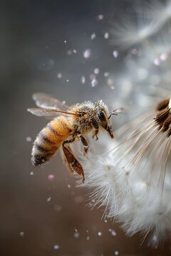 Delicate time-lapse style of bee packing pollen into corbicula on hind leg, dandelion fluff background, precise leg movements, soft focus transitions