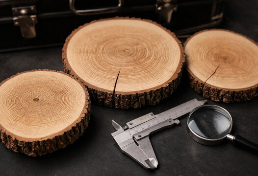 Cross sections of wooden tree trunks showing growth rings with metal calipers and a magnifying glass on a dark surface for dendrology
