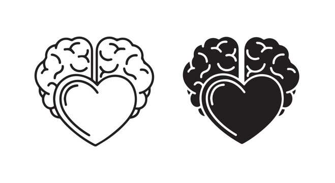 Heart and brain icon set, logic and emotion balance symbol vector