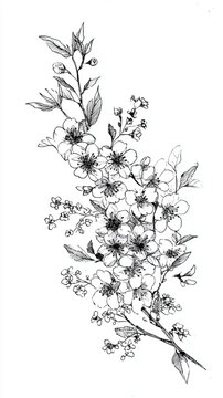 Detailed hand drawn sketch of a blooming cherry blossom branch.