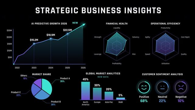 Animation of a business dashboard featuring AI predictive growth charts, market share data, and financial analytics on a deep black background