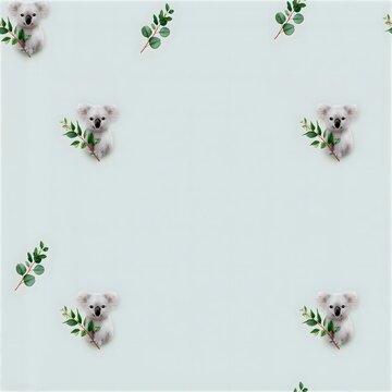 Seamless pattern of adorable koalas holding eucalyptus branches on soft blue background with eucalyptus wildlife seamless background marsupial australian botanical illustration minimalist