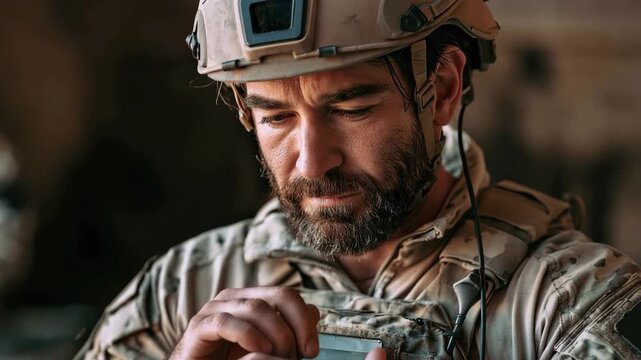 Military medic checks pulse of a wounded soldier during combat in a war zone while providing care in a critical situation