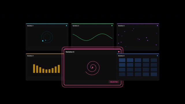 Multiple colorful digital screens display abstract geometric patterns, shapes, data visualizations, suitable for tech presentations, software development concepts.