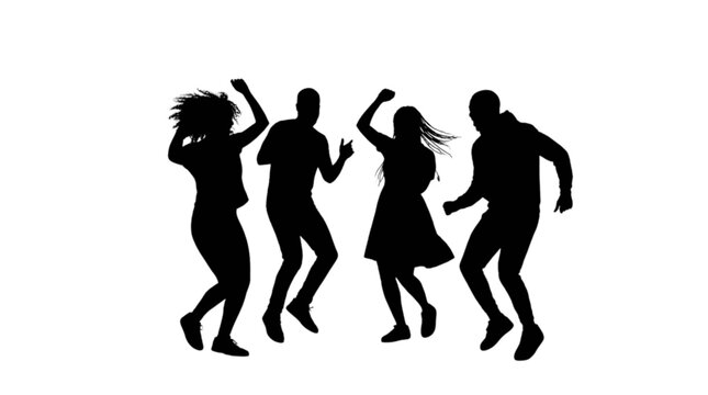 Four people silhouette dancing together joyfully