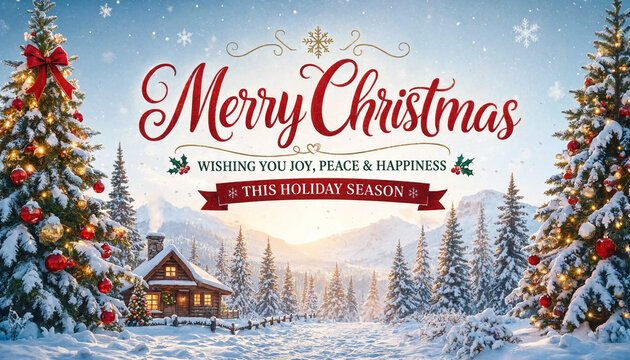 pine forest, festive decorations, and elegant holiday atmosphere. Perfect for marketing, advertising, websites, and social media. "Christmas", "Merry Christmas", "Happy New Year", "Vector", "Banner", 