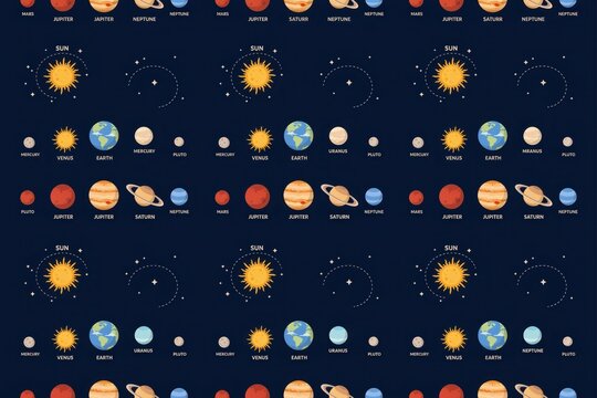 Educational seamless pattern with labeled solar system planets, sun, and orbits on a dark blue background, for science learning, and decor