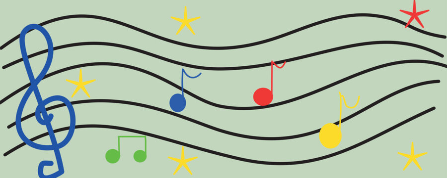 Colorful musical notes and treble clef on green background, wavy staff with colored stars, kids design