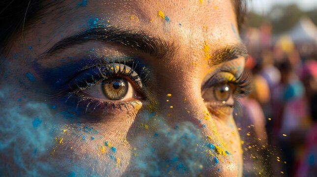 Close up portrait of woman with vibrant colorful holi powder