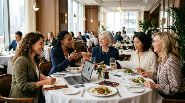 Female leader collaboration business meeting restaurant professional teamwork woman laptop, diverse female leader collaboration business meeting elegant restaurant with laptop, teamwork, document