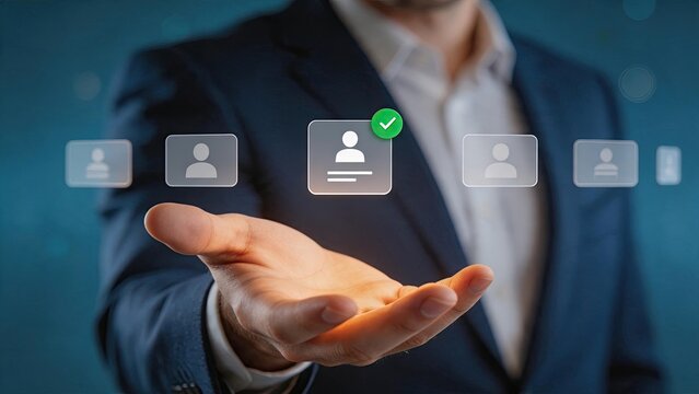 Businessman hand holding virtual interface with multiple user profile icons, one selected with green checkmark, representing customer selection, user verification, identity