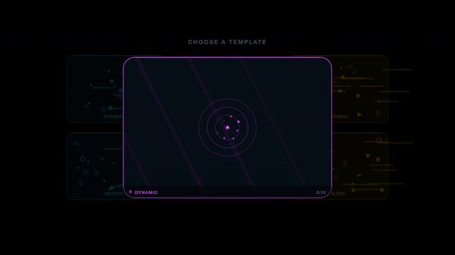 Digital interface design software selection menu with dark screen, neon purple graphics. Perfect for techthemed websites and presentations.
