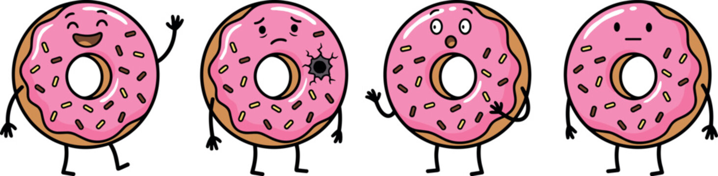 Cute Pink Glazed Donut Mascot Character Set with Different Expressions and Funny Missing Bite Mark Isolated Vector Illustration