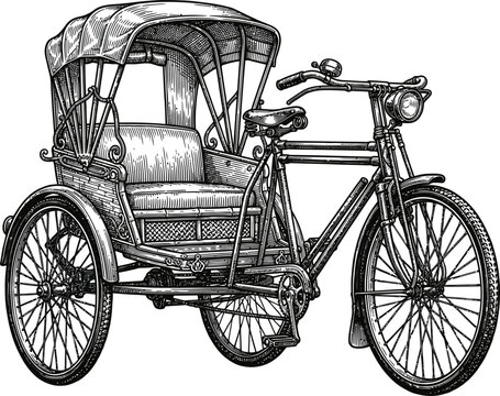Vintage tricycle taxi, bicycle rickshaw, cyclo, transportation icon