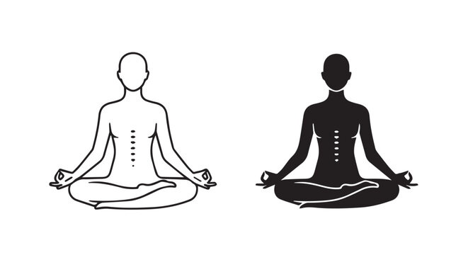 Yoga meditation pose with spine alignment icon, spiritual wellness and chakra vector symbol