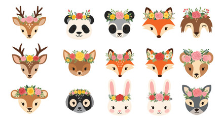 Obraz premium Adorable collection of various forest animal heads including deer, foxes, pandas, and rabbits wearing colorful floral crowns for decoration.