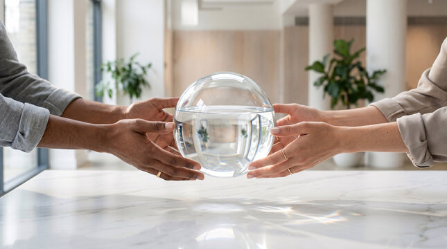 Deux personnes tenant une sph&egrave;re de verre transparente