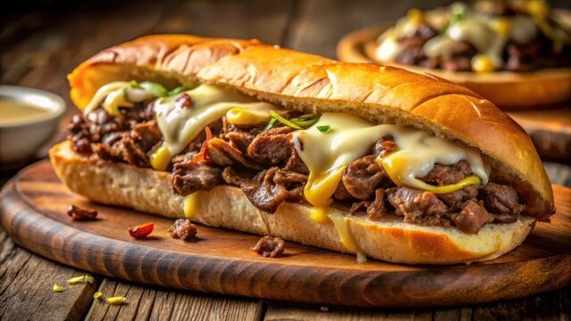 Mouthwatering philly cheesesteak sandwich with melted cheese