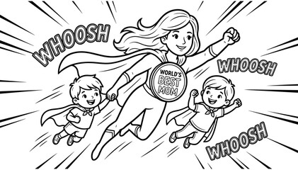 Obraz premium Super Mom and Children Flying Through The Air Coloring Page Featuring Heroic Family Members With Capes and World Best Mom Badge for Creative Activity