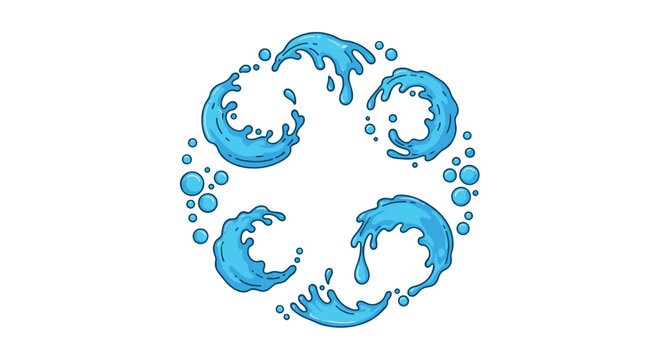 Group of five different water splash illustrations in blue colors showing liquid movement and droplets in a circular arrangement.