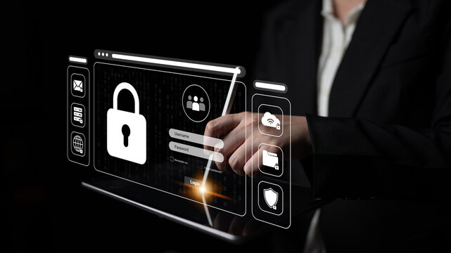 A business professional interacts with a virtual lock interface representing digital security and cybersecurity concepts in a modern, sleek environment focused on secure online practices. Cyphers