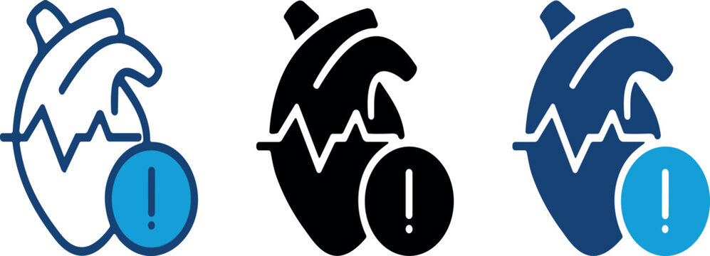 Anatomy Human Heart Attack Icon Set with Ecg Pulse Line and Alert Symbols for Cardiology Healthcare, Medicine Apps, and Cardiac Risk Notification Designs