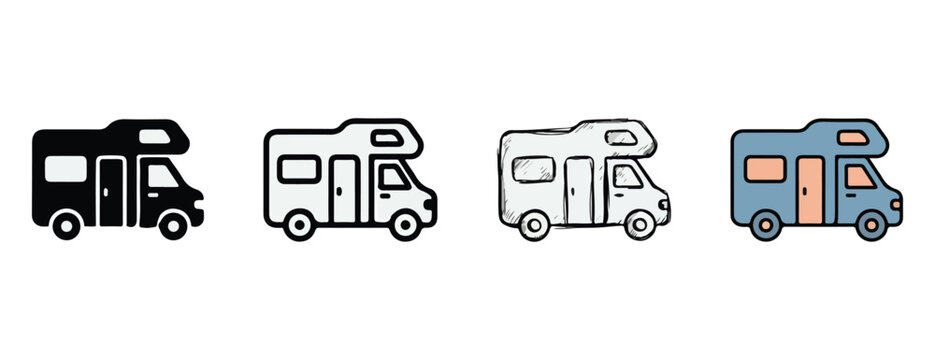 Four colorful RVs isolated on transparent background showcasing various designs and colors perfect for travel adventures and outdoor vacations