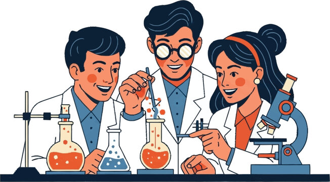 Three people in lab coats working.
