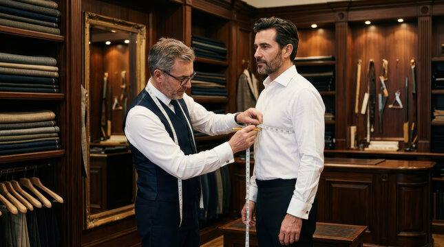 Tailor measuring businessman suit shirt fitting tailor shop tape measure formal menswear professional tailor measuring businessman for custom clothing in elegant shop