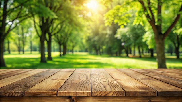 Blank wooden table on green summer park background banner