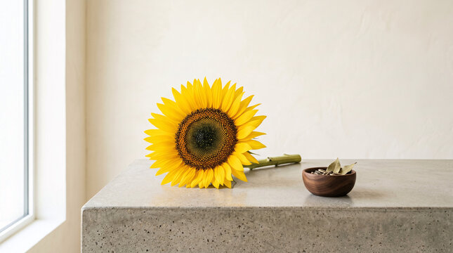 Tournesol jaune sur fond clair en nature morte minimaliste
